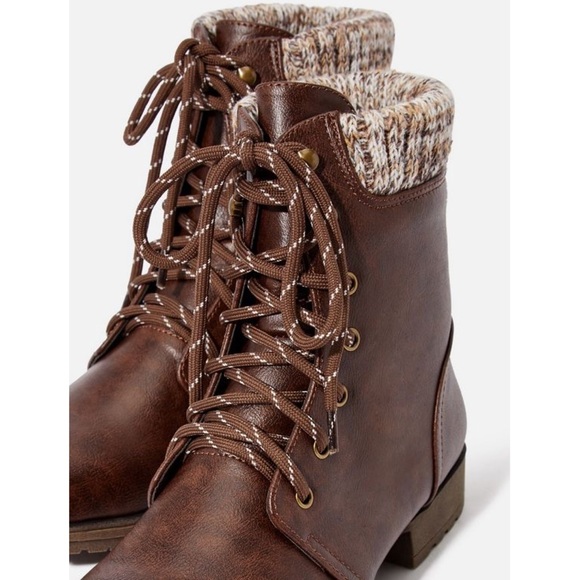 Brown Sweater Cuff Lace Up Ankle Boot - Picture 4 of 15